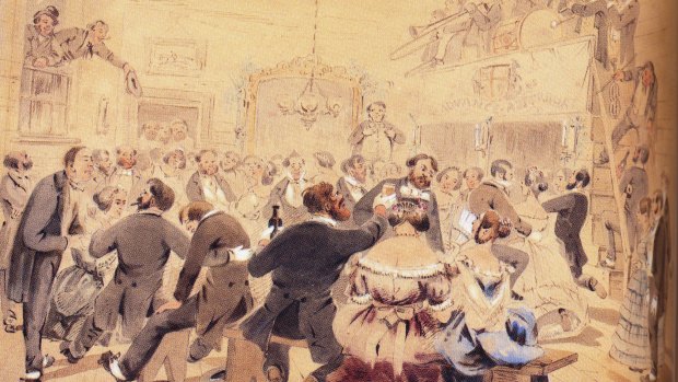 Artist S.T. Gill captured the tumultuous days of the Ballarat gold rush, including the 1854 "subscription ball", the city's first. These balls were used to fund things such as hospitals and fire brigades. 