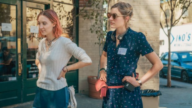 Greta Gerwig, right, and Saoirse Ronan on the set of <i>Lady Bird</i>. Gerwig has been nominated for an Oscar for best director.