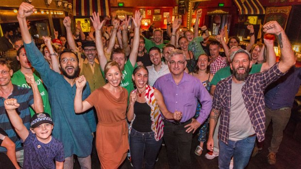 L-R,  Greens councillor Jonathan Sri, Greens deputy leader Larissa Waters,Green candidate for the seat of Brisbane Kirsten Lovejoy, Senate candidate Andrew Bartlett and Ben Ely from the band Regurgitator and other Green supporters at the Lefty's Old Time Music Hall to support Lovejoy at her tilt for the seat of Brisbane in up coming election.