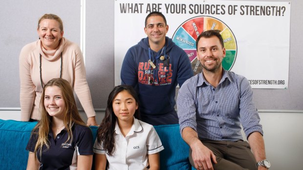 Gold Creek School has a pilot program called Sources of Strength which aims to build resilience. Principal Angela Spence, Isabelle Gaul, Jodie Chang, Brent Felix, and Bradley Lynch.