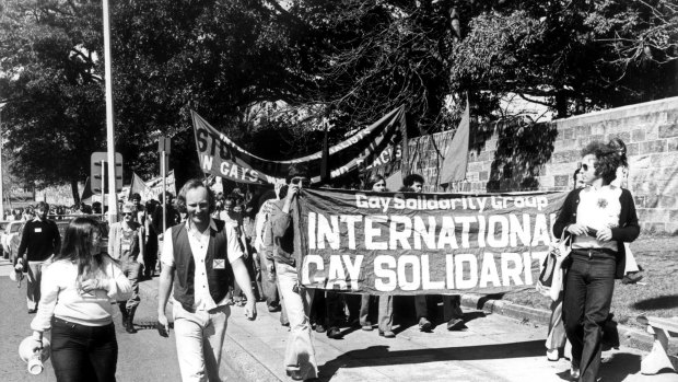 Gay solidarity supporters protest on Oxford Street, Paddington, on August 27, 1978. They were eventually arrested in Taylor Square.