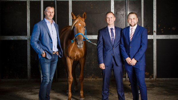 The Canberra first-time owners of Sizzling Belle are hoping for a 100-1 miracle at $3.5 million Golden Slipper on Saturday. Pictured are  Peter Spilker, Matthew Keys and Scott Ballard.