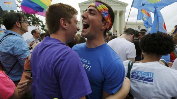 Gay rights supporters celebrate after the US Supreme Court ruling.