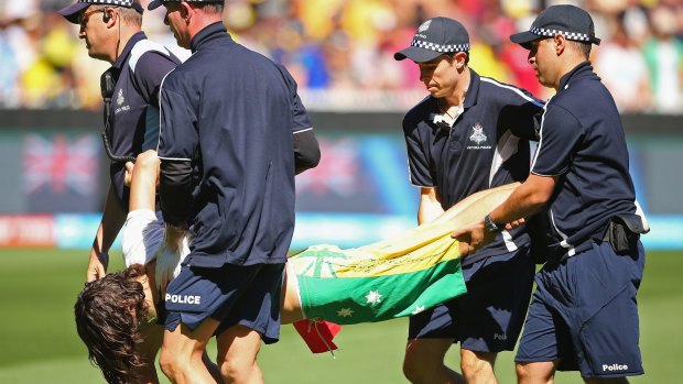 A pitch invader is carried away by police during the ICC Cricket World Cup final.