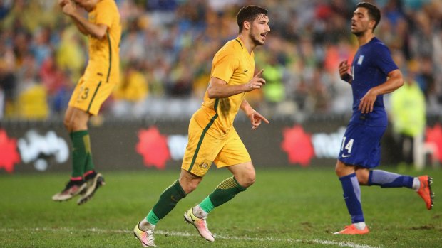 Breakthrough: Mathew Leckie celebrates scoring after Alex Gersbach's assist.