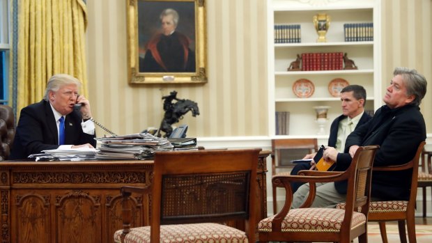 Donald Trump with Mike Flynn and Steve Bannon in the Oval Office during the call to Malcolm Turnbull.