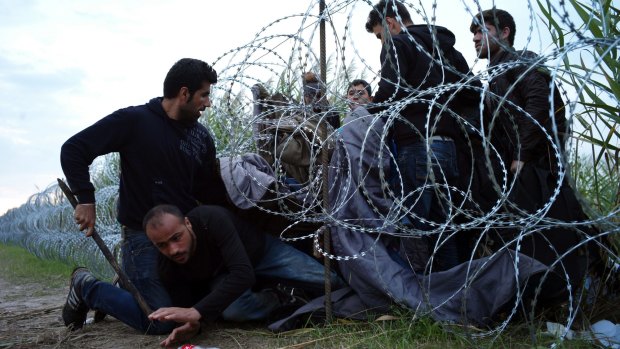Syrian refugees cross into Hungary underneath the border fence on the Serbian border near Roszke.