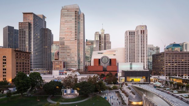  View of the expanded San Francisco Museum of Modern Art from the Yerba Buena Gardens.