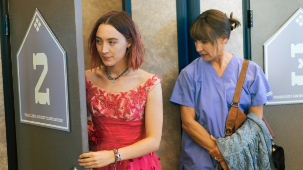This image released by A24 Films shows Saoirse Ronan, left, and Laurie Metcalf in a scene from "Lady Bird." Metcalf was nominated for an Oscar for best supporting actress on Tuesday, Jan. 23, 2018. The 90th Oscars will air live on ABC on Sunday, March 4. (Merie Wallace/A24 via AP)