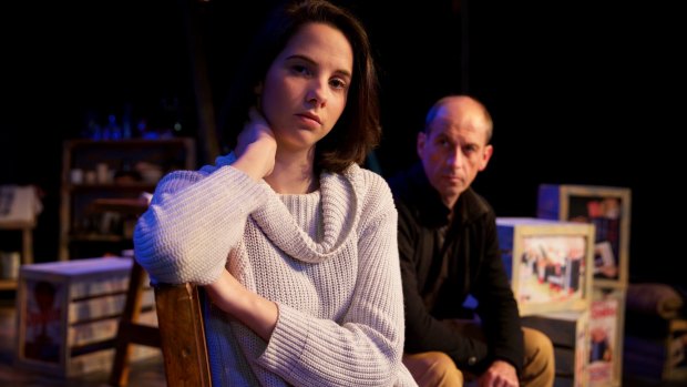 Actors Justina Ward and Geoff Surmai on set for <i>The Diary of Anne Frank</i> at the New Theatre.
