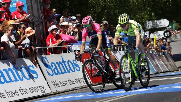 Green machine: Australian Jay McCarthy (Tinkoff, right) just beats Italian Diego Ulissi (Lampre-Merida) to the line to win stage two of the Tour Down Under.