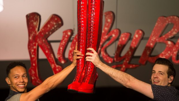 Callum Francis, left, and Toby Francis during rehearsals for <i>Kinky Boots</i>' Melbourne debut.