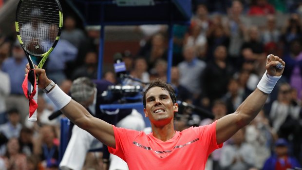 Rafael Nadal celebrates advancing to the semi-finals of the US Open.