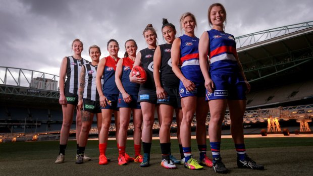 Leading lights:  L/R Emma King, Moana Hope, Melissa Hickey, Daisey Pearce, Brianna Davey, Darcy Vescio, Katie Brennan and Ellie Blackburn at the announcement of the AFL Women's League marquee player announcement at Etihad Stadium on July 27, 2016.