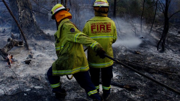 NSW Fire Brigade firefighters from Campbelltown mop up after a bushfire threatened homes near Ingleburn.
