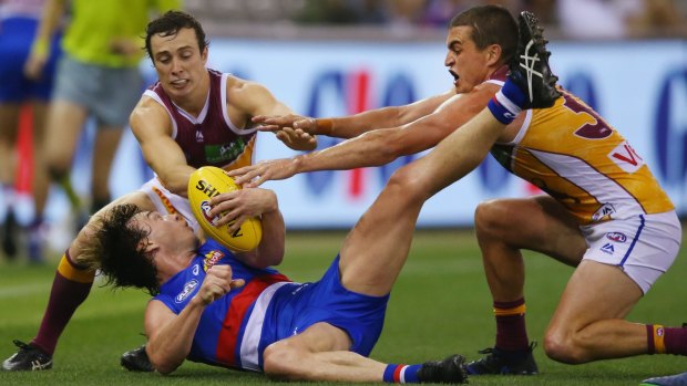 Bulldog Liam Picken was one of nine premiership players to take the field against Brisbane at Etihad on Thursday night..