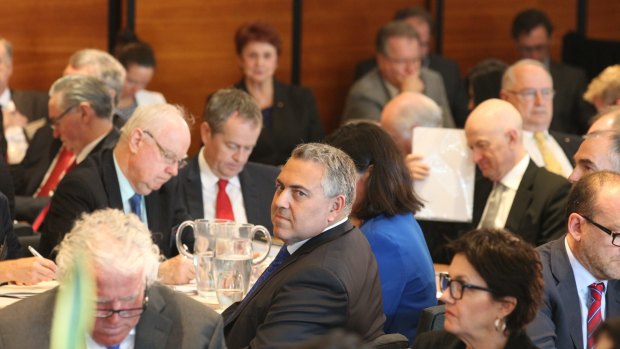 Mr Hockey, Opposition Leader Bill Shorten and RBA Governor Glenn Stevens, and others, at the summit.