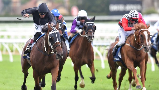 Vlad Duric rides Mourinho to victory in the Peter Young Stakes at Caulfield on Saturday.