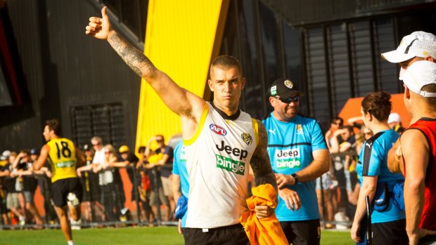 Dustin Martin acknowledges the crowd during Saturday's intra-club match.