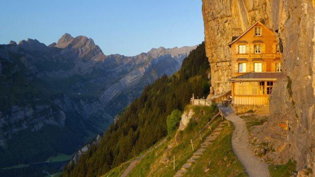 Whisky trekkers can stop off at  Aescher-Wildkirchli, which is built directly into Ebenalp rock face. 