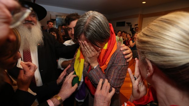 Senator Penny Wong after the result in the same-sex marriage survey is broadcast inside Parliament House.