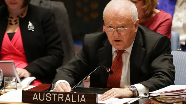 Gary Quinlan, Australia's ambassador to the United Nations, speaks during a meeting of the UN Security Council.