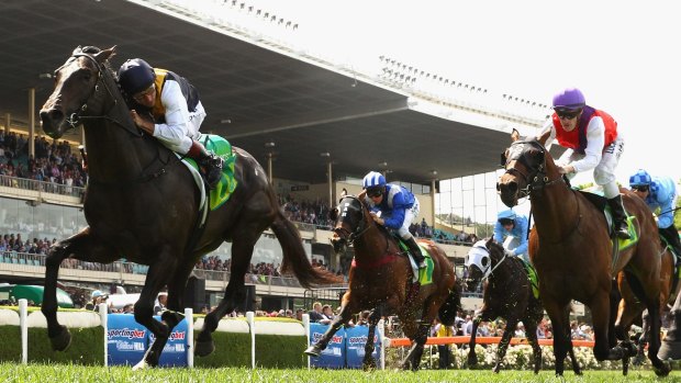 Stellar performance: Damien Oliver stokes Galaxy Pegasus (left) to victory at Moonee Valley on Saturday.