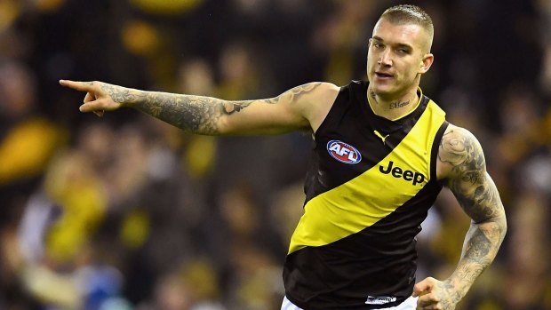 Dustin Martin celebrates one of his two goals against North Melbourne.