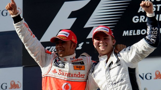 Happier times: Hamilton and Rosberg celebrate the Brit's win in the Australian Grand Prix in 2008.