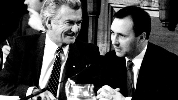 Bob Hawke and Paul Keating at their tax summit in 1985.