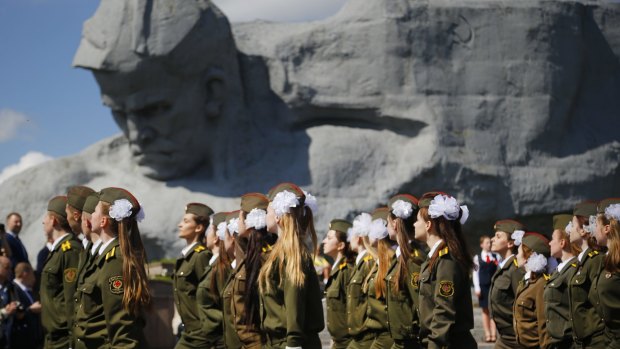 Belarusian cadets march past Brest Fortress monument during a Victory Day rally marking 71 years after the victory in WWII in the town of Brest, 360 kilometres southwest of Minsk, Belarus.