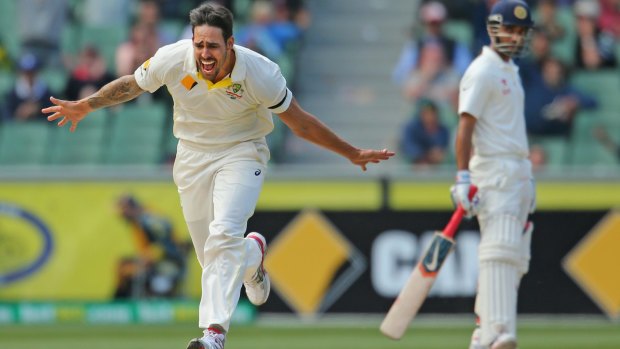 Mitchell Johnson celebrates after bowling Cheteshwar Pujara during his last match for Australia, in the third Test at the MCG. He may return for the one-day match against India on Australia Day at the SCG.