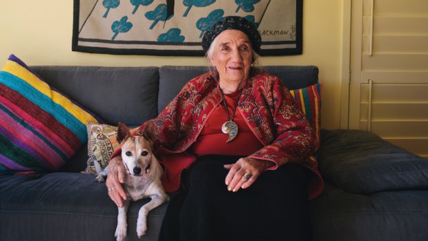 Barbara Blackman and her dog called "Piece of string", at home in Canberra.