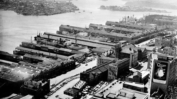 An aerial view of east Darling Harbour in 1950.
