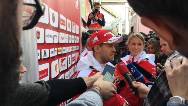 Sebastian Vettel speaks to the media in Barcelona.