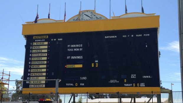 The scoreboard at the WACA during the live broadcast of Phillip Hughes' funeral.