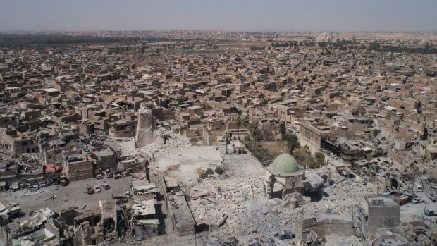 An aerial view of the destroyed landmark al-Nuri mosque in the Old City of Mosul, Iraq.
