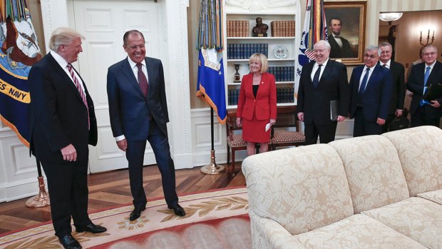 Laughs all round: US President Donald Trump meets with Russian Foreign Minister Sergei Lavrov. Russian ambassador to the US Sergey Kislyak is fourth from left.