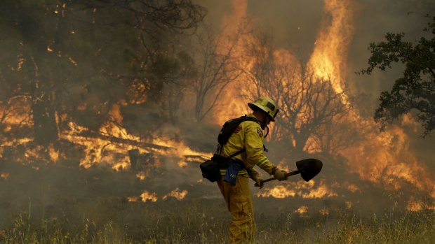 Firefighter Johnny Miller stands in front of a fire off of Morgan Valley Road near Lower Lake, California.