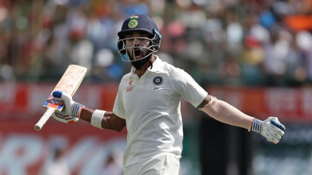 Lokesh Rahul celebrates as India wins the fourth Test. 