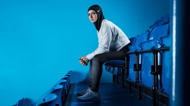  Zahra Lari, a figure skater from the United Arab Emirates, models the new headgear.