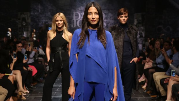 Chilly chic: David Jones ambassadors Jessica Gomes, Elyse Taylor and Montana Cox showcases designs by Carla Zampatti at the retailer's autumn/winter 2015 collection launch in Sydney.