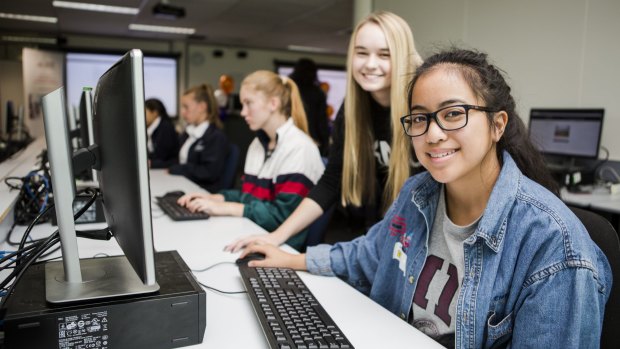 St Clare's College year 12 student Mia Bueno, 17, and first-year software engineering student Paige Brown, 19.
