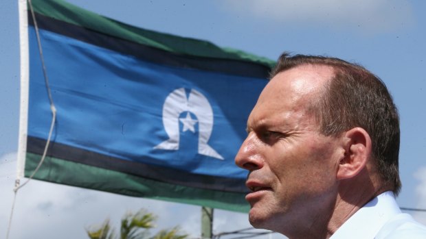 Prime Minister Tony Abbott during the memorial service commemorating contribution to the Australian Defence Force by the people of the Torres Strait, at Anzac Park on Thursday Island.