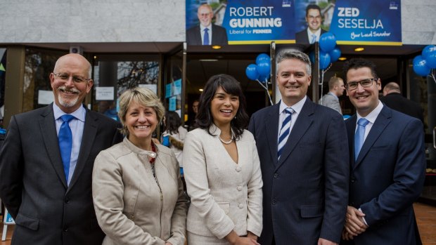 Liberal candidate for Fenner Robert Gunning, second Liberal senate candidate for the ACT Jane Hiatt, Liberal candidate for Canberra Jesssica Adelan-Langford, Minister for Finance Mathias Cormann, and Liberal Senator for the ACT Zed Seselja at Sunday's campaign launch.