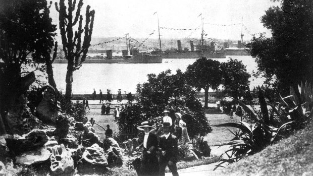 The view from the gardens of the first entry of the Royal Australian Navy Fleet into Sydney on October 4, 1913.
