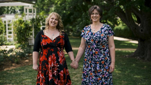Glenda and Jennifer Lloyd after their wedding ceremony at the Old Parliament House rose gardens last year.