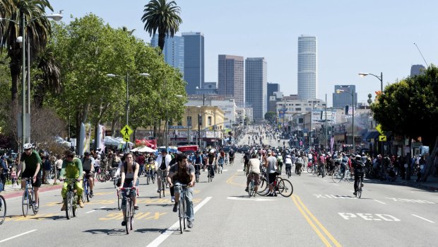 Friendly streets: Downtown LA and its annual CicLAvia Bike event.