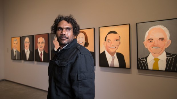 Vincent Namatjira, the great-grandson of renowned Aboriginal painter Albert Namatjira, has painted a series of portraits of the seven most recent prime ministers for the TarraWarra Biennial.