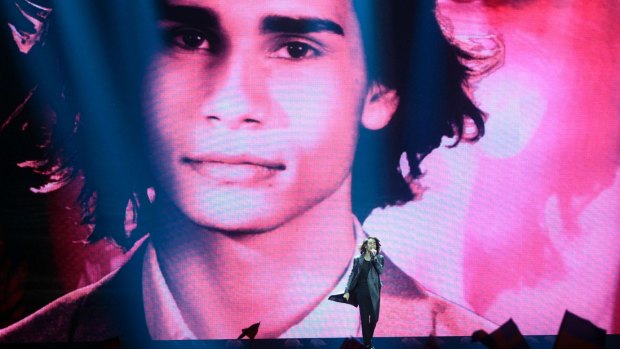 Isaiah Firebrace from Australia performs the song "Don't Come Easy" during the Final for the Eurovision Song Contest.